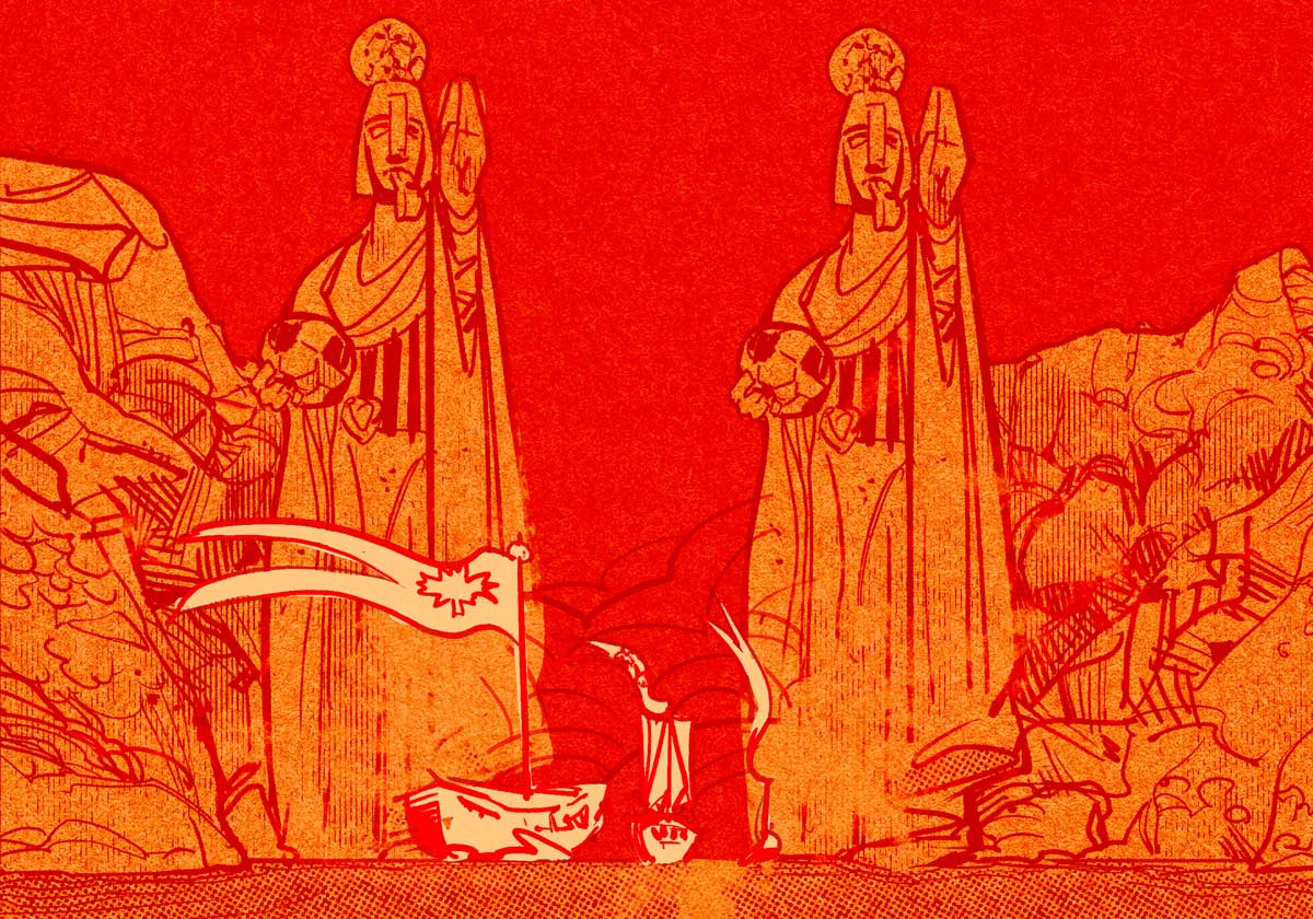 An ink-drawn seascape — two banner-boats, one flying a maple-leaf pennant, ride a pale sea beneath two towering ghost-statues cradling footballs.
